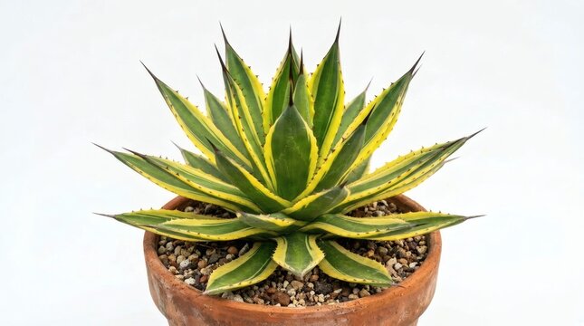 A beautiful variegated agave plant with green and yellow leaves grows in a terra cotta pot.