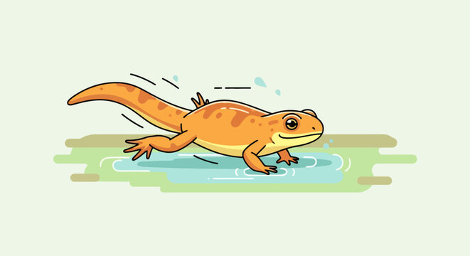 Cartoon newt swimming in a pond illustration cute orange amphibian with black outline stylized animal in bright color on water