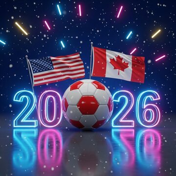 USA and Canada flags with soccer ball for 2026 FIFA World Cup