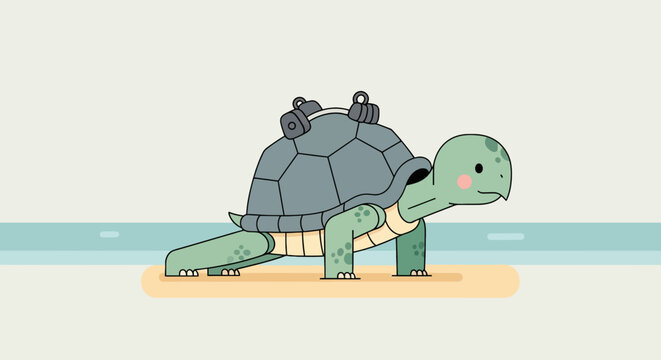 Cartoon turtle doing push-ups with weights on its shell fitness workout in simple flat vector style on beach sand with blue sea
