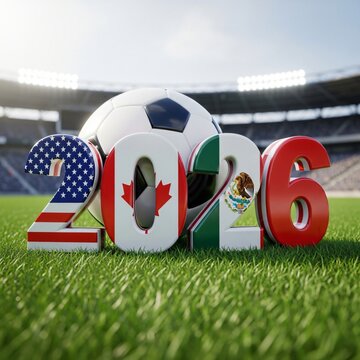 2026 FIFA World Cup celebration with USA soccer ball and flags on stadium grass