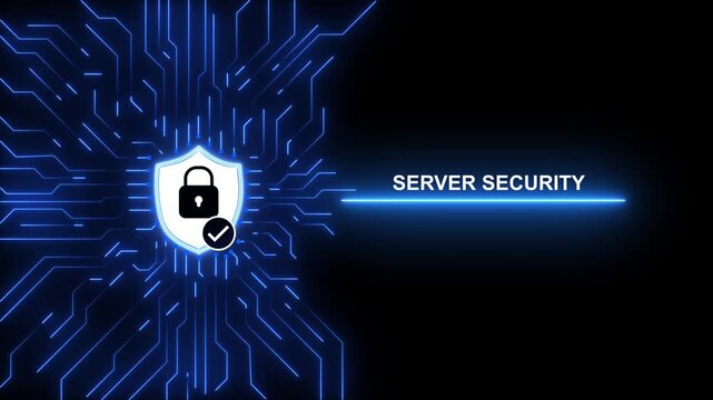 Server Security Shield with Lock Icon and Digital Circuit Technology Background
