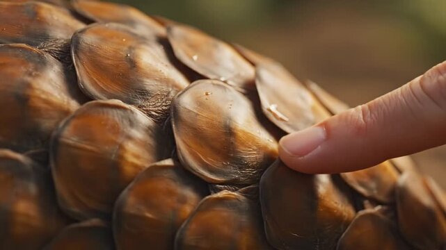 Close up of human hand touching pangolin scales. 4K Video