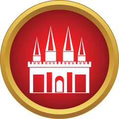 Naklejka premium Castle icon showcasing medieval fortress architecture inside a red circle with gold border