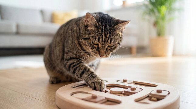 Cat playing with wooden puzzle toy on floor in bright living room, pet intelligence training, enrichment activity, home lifestyle concept copy space