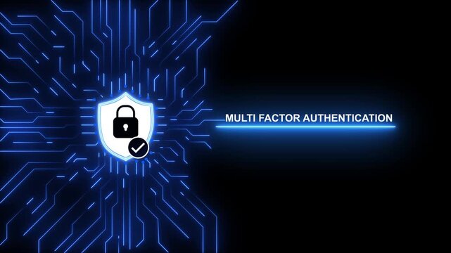 Multi Factor Authentication Shield with Lock Icon and Digital Circuit Background
