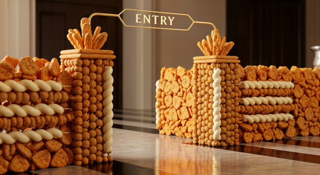 Grand entry gate made of puffed corn snacks and twisted dough on checkerboard floor, creative snack landscape and food engineering concept for catering advertising.
