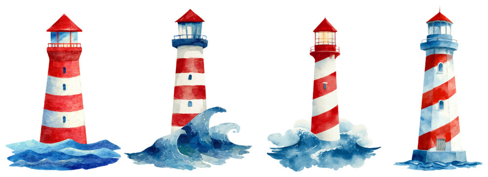 Watercolor lighthouses set featuring red and white striped towers standing in blue ocean waves, providing nautical navigation and safety for ships at sea