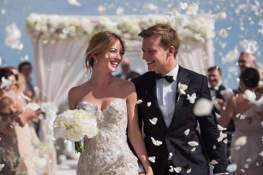 Happy bride and groom at outdoor wedding ceremony, Wedding photography rice and white flower petals