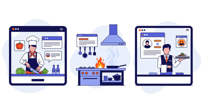 Online Culinary Arts Web App Showcasing Chef Cooking Food and Professional Waiter Serving Customer Service Lessons