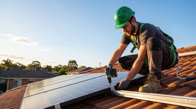 Professional technician installing solar panels on a residential rooftop for sustainable energy generation.