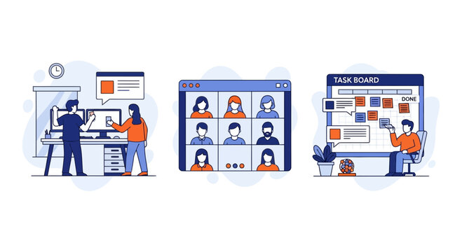 Team work online via web chat call task plan dev and job goal is set