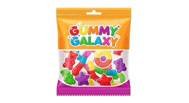 Bag of colorful gummy candies in fun shapes like stars and bears, labeled Gummy Galaxy.