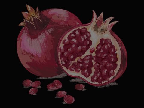 Illustrated pomegranate (Punica granatum) on a dark background. The composition features one whole fruit with a glossy, red surface and a crown-like calyx. Adjacent is a halved pomegranate revealing c
