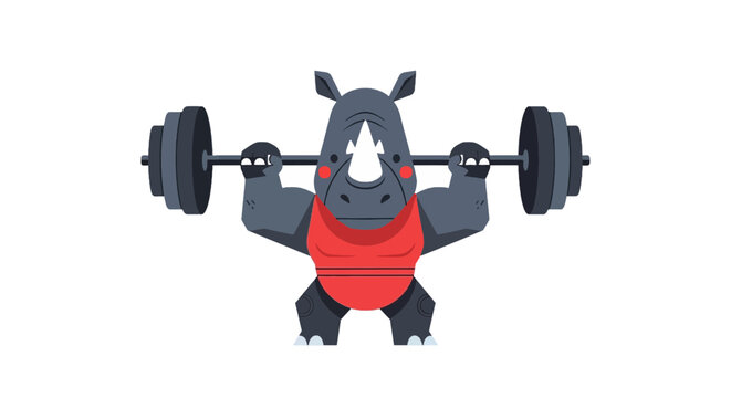Cartoon rhino lifting heavy barbell for strength training fitness in red sports tank top vector illustration on white background