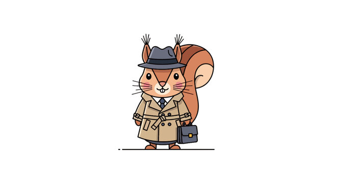 Cartoon squirrel detective in trench coat and fedora holding briefcase; cute character illustration brown fur investigating isolated on white