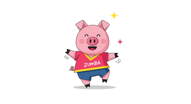 Cheerful pink pig character dancing Zumba wearing a red shirt and blue shorts with star sparkles isolated on white background