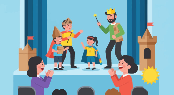 Children acting in homemade costumes on stage during a school play with audience clapping hands in vector illustration style