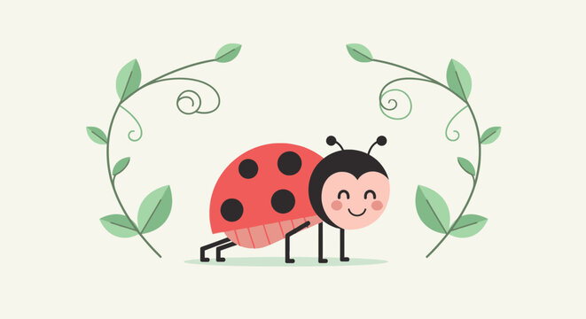 Cute ladybug illustration with happy face surrounded by green vines and leaves on a soft beige background perfect for springtime designs