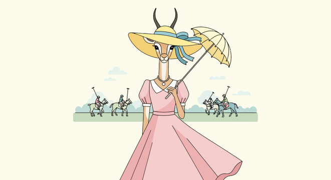 Elegant gazelle in pink dress sun hat and parasol at polo match illustration; whimsical animal character with vintage style