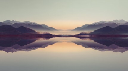 Fototapeta premium Serene Mountain Landscape at Dawn Reflecting in Calm Water with Misty Haze and Soft Pastel Colors Revealing Natural Beauty of Tranquil Setting