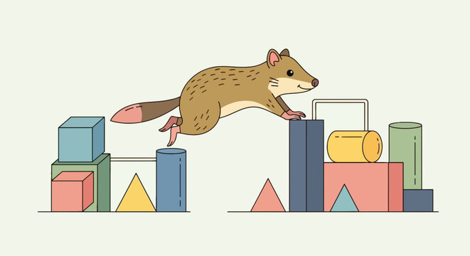 Agile quoll leaps playfully on colorful geometric blocks in whimsical vector illustration for children's educational design; cute marsupial