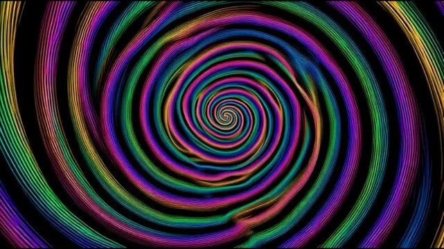 Hypnotic rainbow spiral swirling pattern on black background
