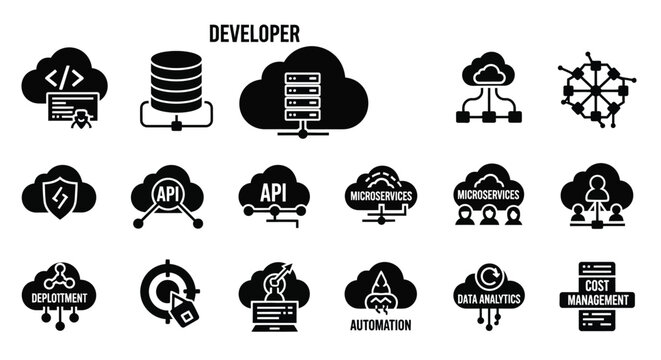 Developer tools and cloud computing icons including apis microservices automation and security for software development