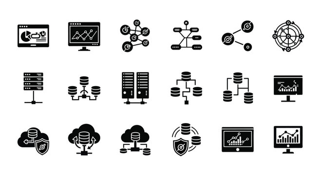 Black and white icons representing technology data analytics cloud computing and networking concepts including servers databases and global connectivity symbols