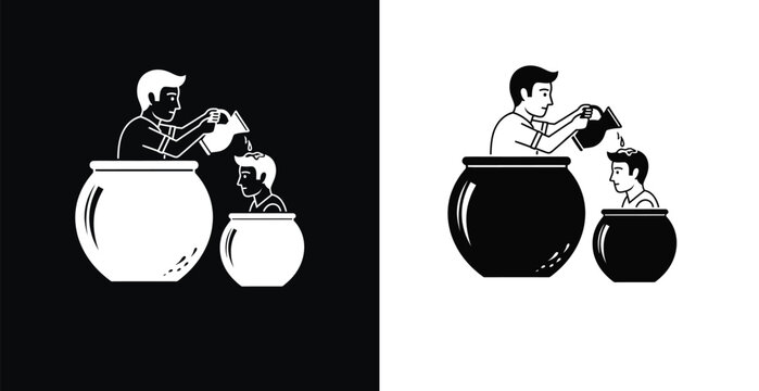A black and white illustration of two men in pots, one pouring water on the other's head