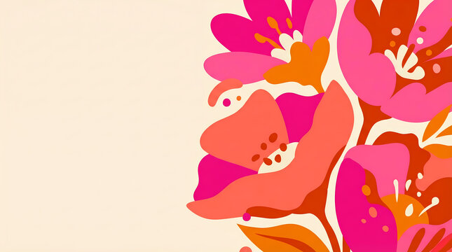 Vibrant retro floral background with bold pink and orange flowers in minimalist flat style for summer banner and poster
