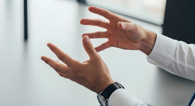 A professional close-up of a businessman in a white dress shirt and black leather watch, using expressive hand gestures. This image represents communication, explaining a complex concept, brainstormin