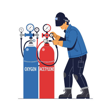 Welder Adjusting Oxygen Acetylene Tanks with Pressure Gauges - Industrial Work
