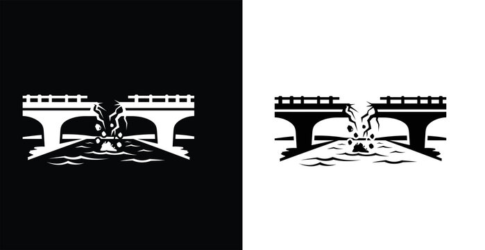 A black and white illustration of a bridge with a fire burning underneath it on a contrasting background