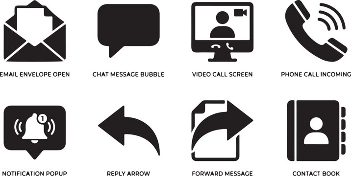 Mobile Messaging Icons, Communication Symbols, Chat and Call Vector Graphics, 8 Elements