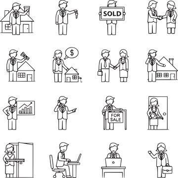 hand-drawn real estate agent process illustration set with sold and for sale signs