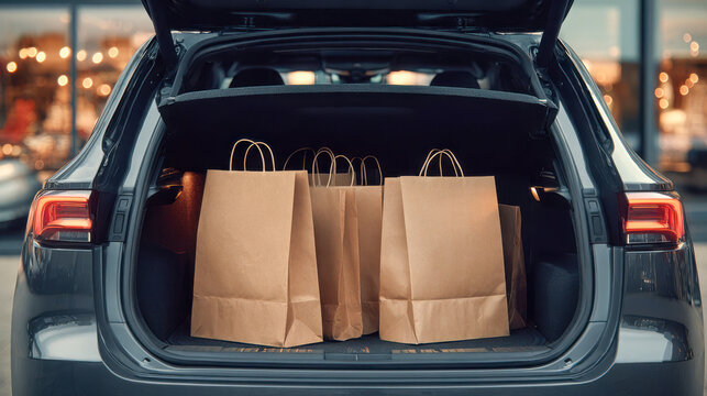 Shopping bags loaded in the trunk of a car during a weekend outing at a shopping center