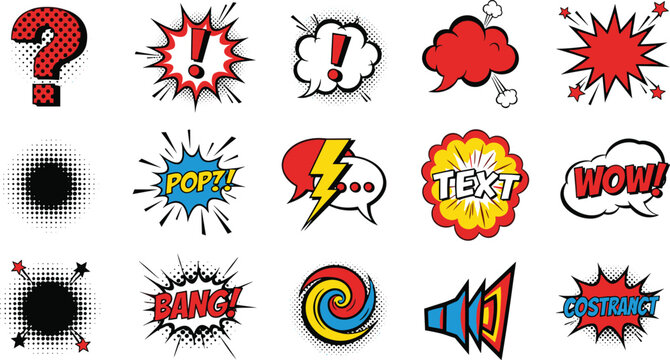 Comic Style Sound Effect Vector Set with Pop, Bang, Wow, and Explosion Icons