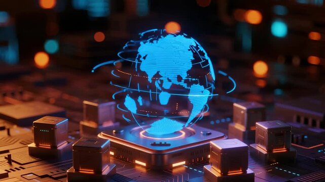 Futuristic digital globe with server racks and network cables for data center technology, global connectivity, cybersecurity events