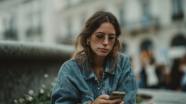Woman sitting on stone ledge checking smartphone. Thoughtful expression in sunglasses and denim jacket. Urban outdoor setting for modern digital lifestyle and city connectivity.