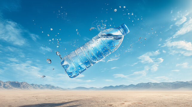 Water bottle background with splash in desert sky, copy space
