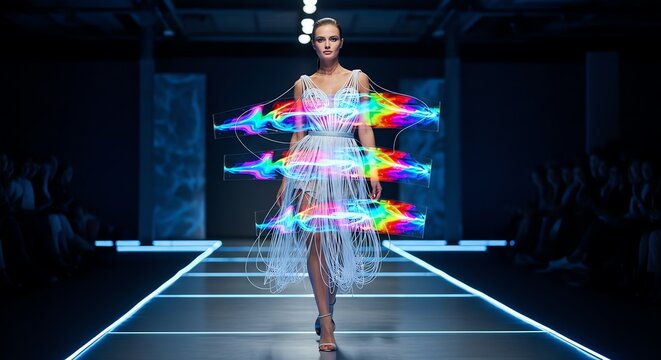 Model walking runway with fiber optic dress