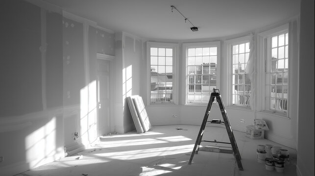 Empty room under renovation with drywall walls, ladder and bucket in soft sunlight ideal for construction projects, interior remodeling and home improvement visuals
