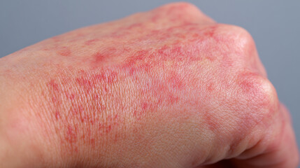 Fototapeta premium Close-up of red irritated skin rash on human hand showing allergy or dermatitis symptoms ideal for medical education and healthcare awareness materials 