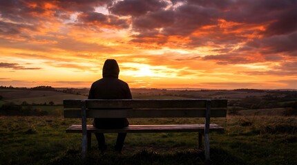 Obraz premium Silhouette of a person sitting on a bench watching a dramatic golden sunset