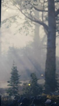 Gentle rays of sunlight break through a thick blanket of mist, illuminating tall trees in a serene forest. The quiet scene invites a sense of calm and wonder, painting natures beauty.