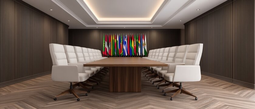 A modern conference room with a long wooden table, white swivel chairs, and a display of international flags at the far end.