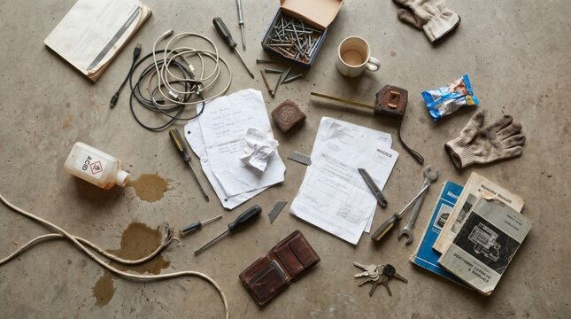 Collection of various tools and items scattered on concrete floor, including screwdrivers, nails, tape measure, gloves, papers, and wires, messy work area clutter.