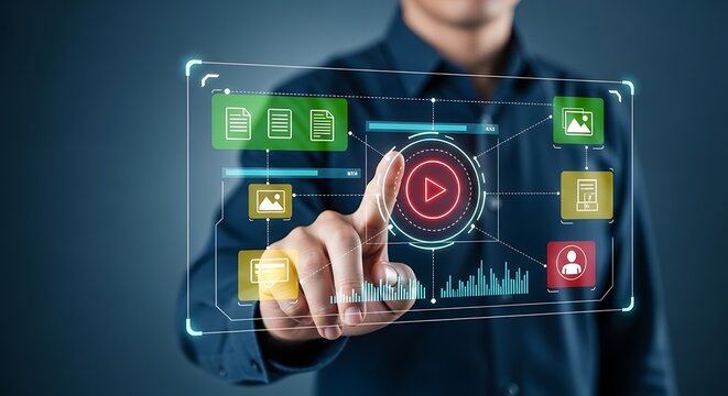Enterprise information management dashboard showing multimedia content organization and business data integration