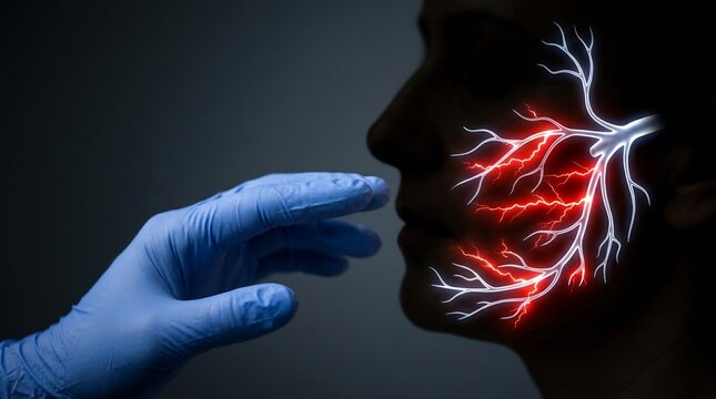Doctor hand in a blue glove examines the facial nerve structure of a patient with glowing red inflammation indicating pain and localized nerve damage.
